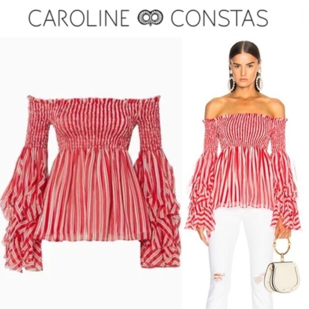 Caroline Constas Alessandra Striped Smocked Off-The-Shoulder Top in Red sz XS